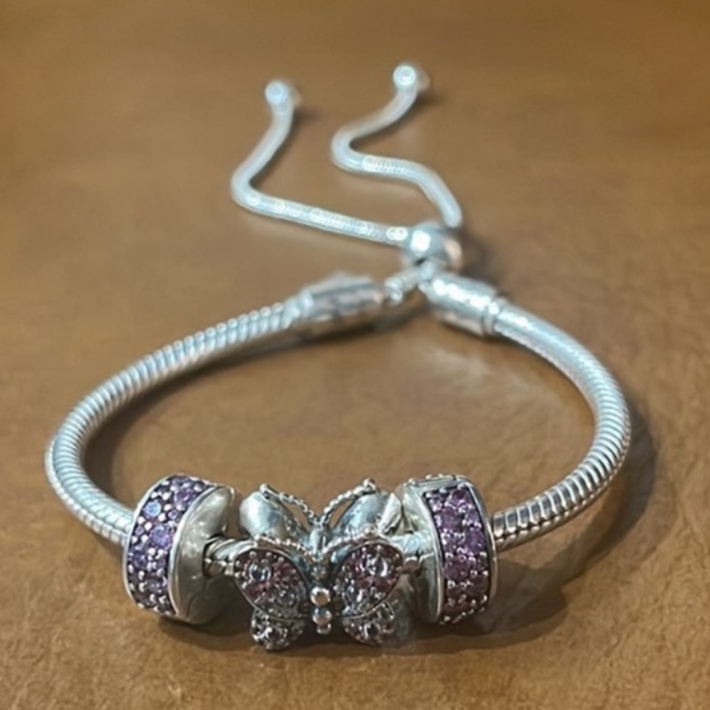 Authentic Pandora Slider Tennis Bracelet w/ 3 Pandora Charms EUC - Picture 16 of 16